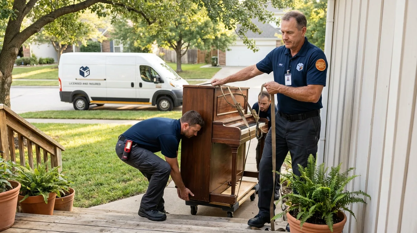 Licensed piano movers securing grand piano in Hilton, NY