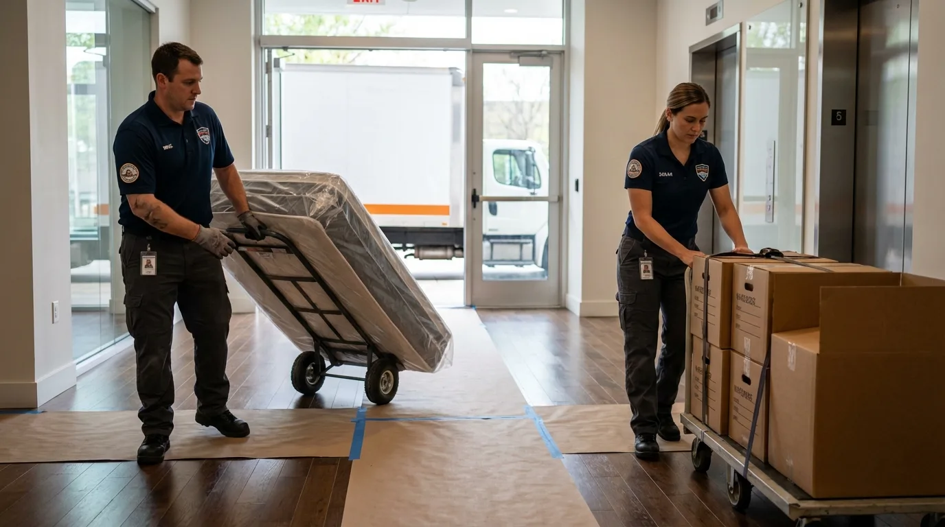 Professional apartment movers loading elevator in Hilton, NY